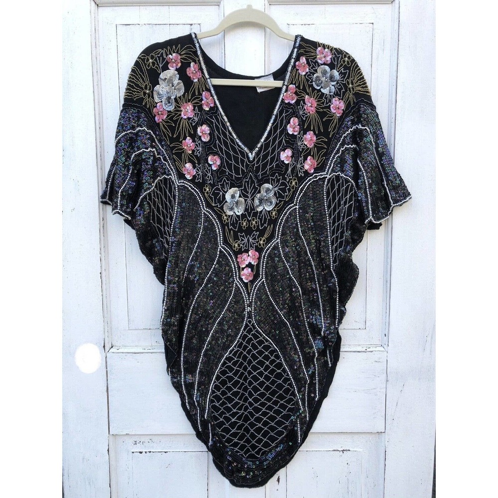 VTG Sequin Shirt 100% Pure Silk Handmade Korean Style Rayon Lining Women’s Small